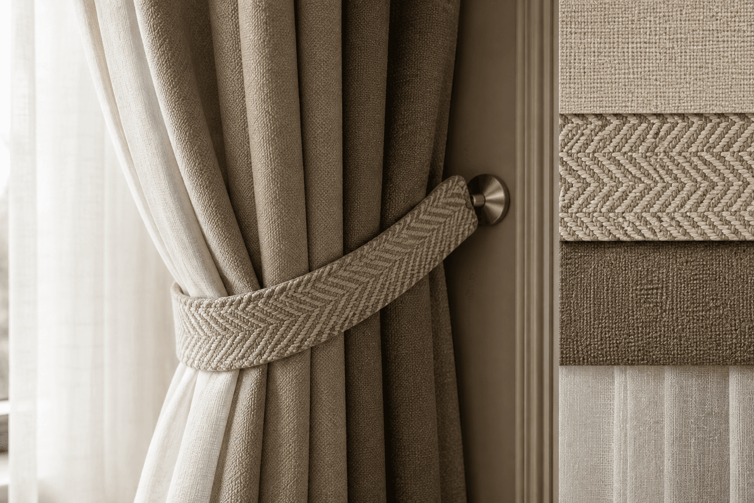 Close-up detail of layered curtain fabrics