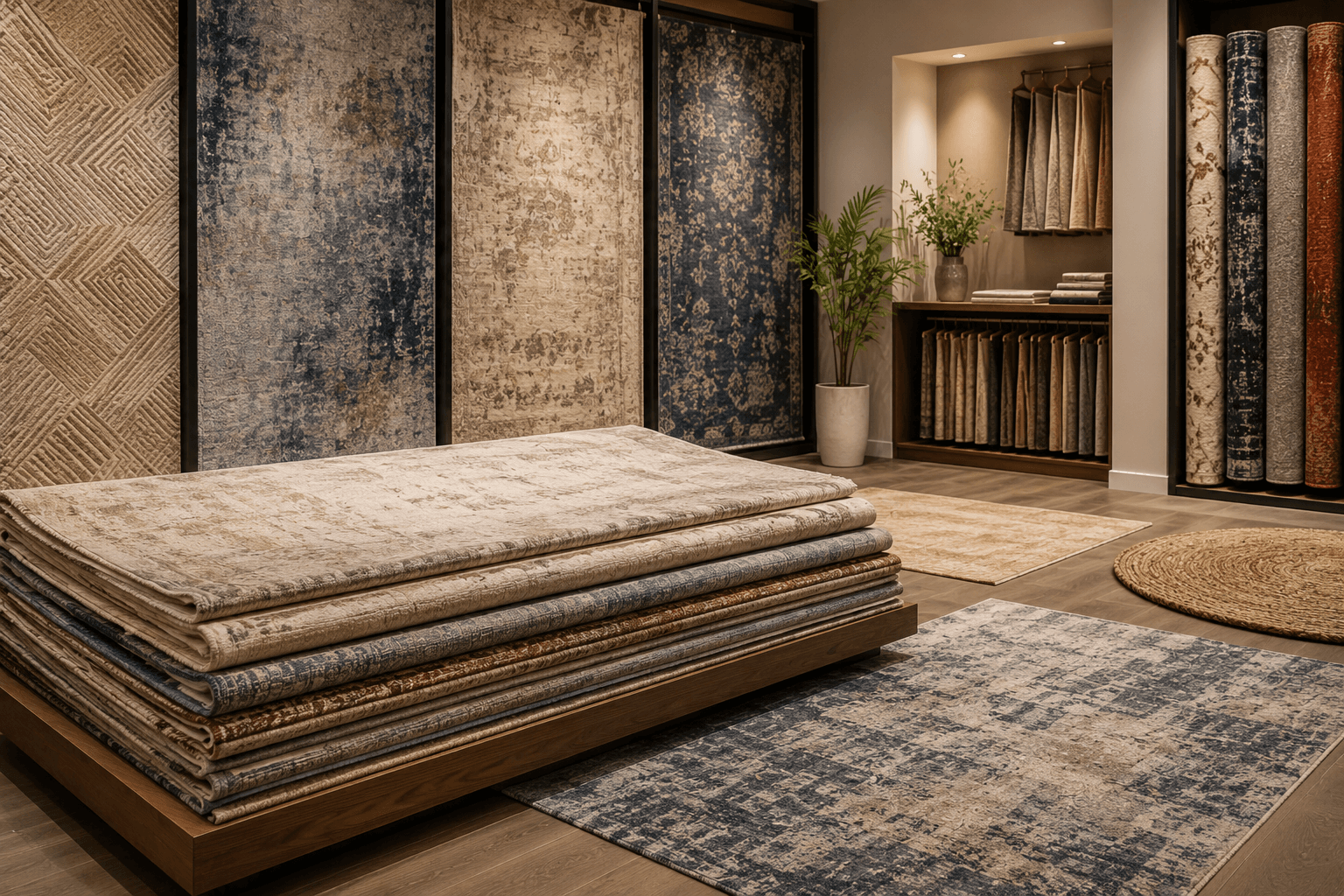 Premium rugs and carpet samples displayed in a showroom
