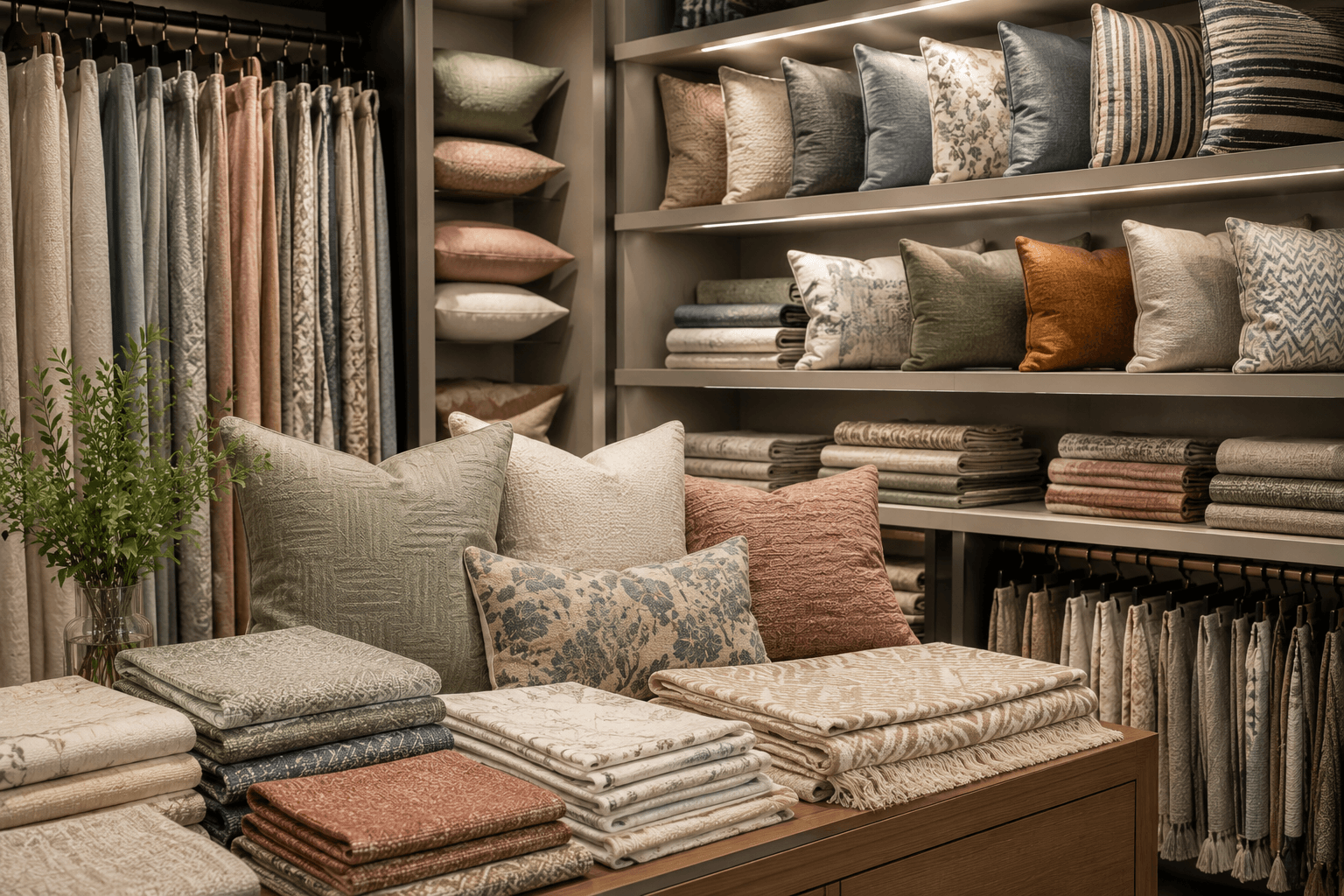 Soft furnishing textiles, cushions and throws