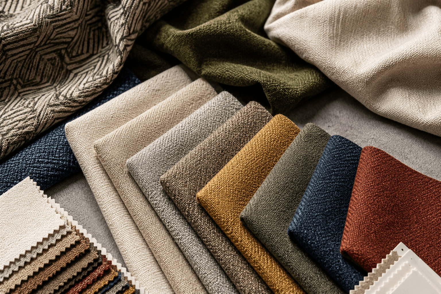 Premium upholstery fabric samples in different textures